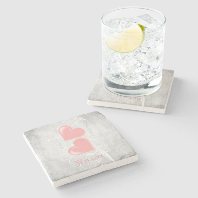 Pink Hearts Personalized Stone Coaster (Side)