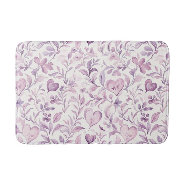 Pink Hearts Purple Leaves Bath Mat (Front)