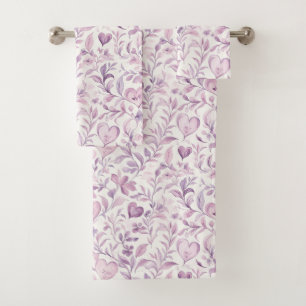 Pink Hearts Purple Leaves Bath Towel Set