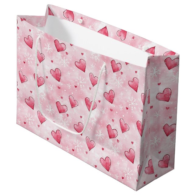 Pink Hearts Snowflakes Christmas Large Gift Bag (Front Angled)