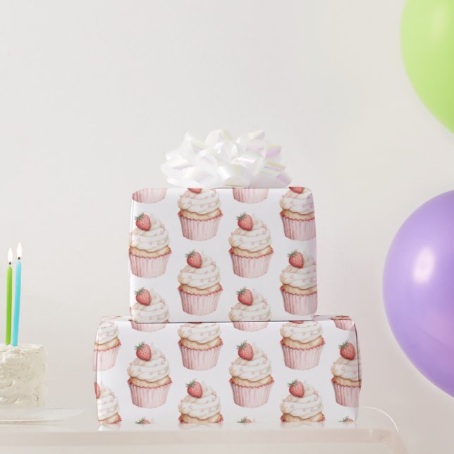 Pink Hearts Strawberry Cupcake   Wrapping Paper (Party Gifts)