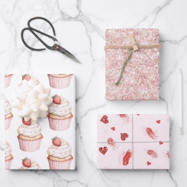 Pink Hearts Strawberry Cupcake   Wrapping Paper Sheet (Front)
