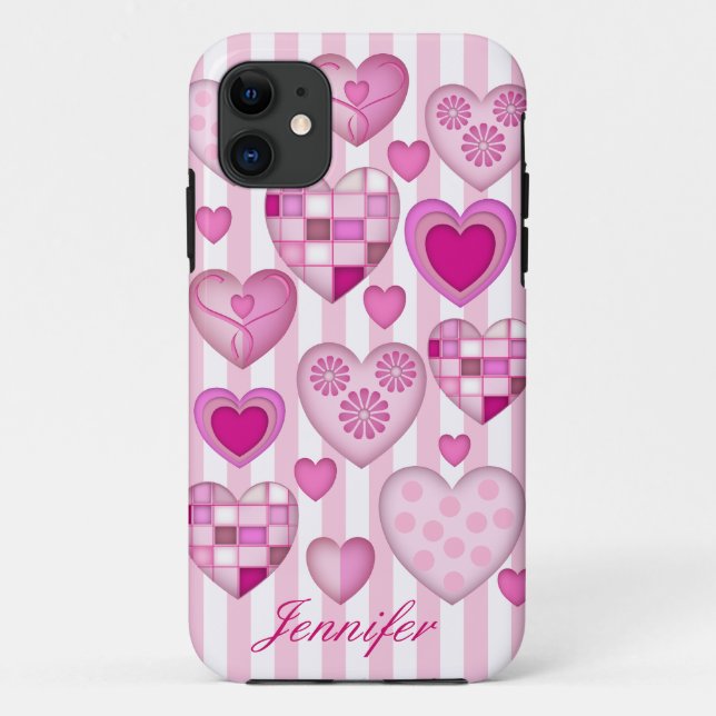 Pink Hearts, Stripes and Name Case-Mate iPhone Case (Back)