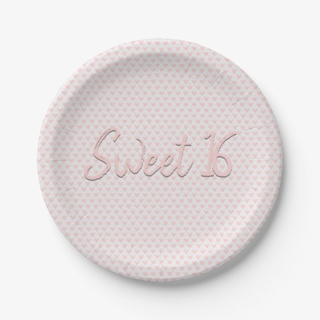 Pink Hearts Sweet 16 Party Paper Plate (Front)