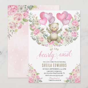 Pink Hearts Teddy Bear Balloons Baby Shower Invitation