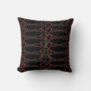 Pink Hearts Theme Black Eiffel Tower Throw Pillow