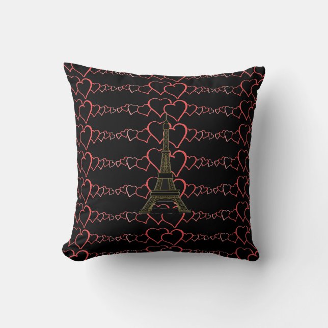 Pink Hearts Theme Black Eiffel Tower Throw Pillow (Front)