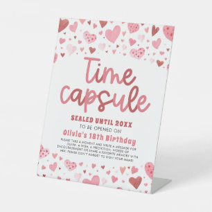 Pink Hearts Valentine 1st Birthday Time Capsule Pedestal Sign