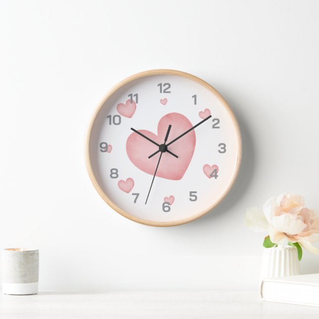 Pink hearts wall clock - romantic design (Home)