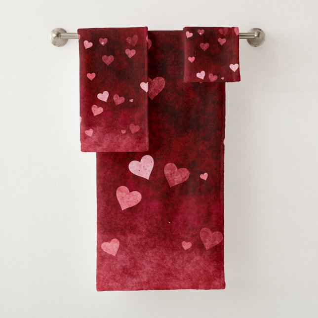 Pink Hearts Watercolor Background Bath Towel Set (Insitu)