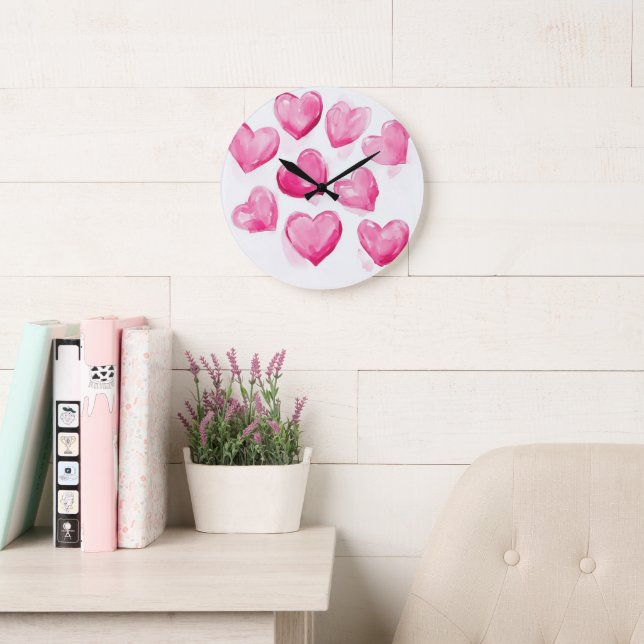 Pink Hearts Watercolour Digital Art Large Clock (Reading Room)