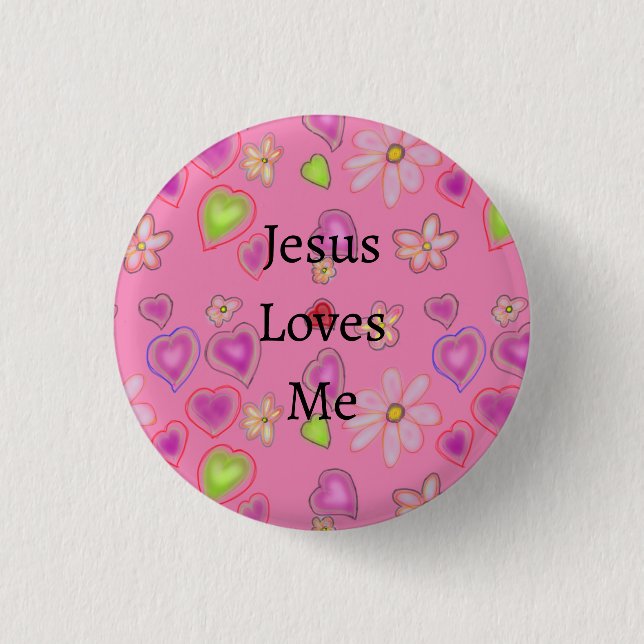 Pink Hearts White Flowers Jesus Loves Me 1 Inch Round Button (Front)