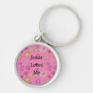 Pink Hearts White Flowers Jesus Loves Me Keychain