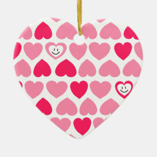 Pink Hearts with 2 Smiling Hearts Valentine Ceramic Ornament