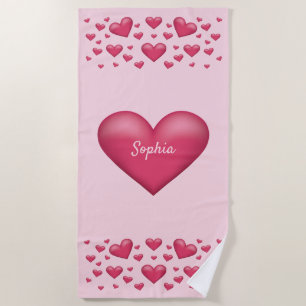 Pink Hearts With Personalizable Text Beach Towel