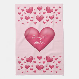 Pink Hearts With Personalizable Text Kitchen Towel