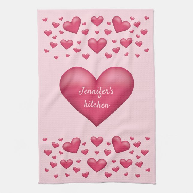 Pink Hearts With Personalizable Text Kitchen Towel (Vertical)