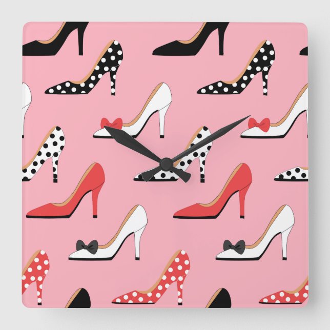 Pink Heels Red Polka Dots Square Wall Clock (Front)