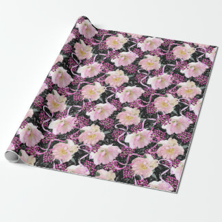 Pink Hellebore Flowers Berries & Ribbons on Black Wrapping Paper