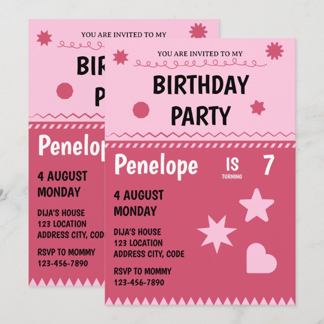 Pink Hello Kitty Invitation de fête d'anniversaire (Devant / Derrière)