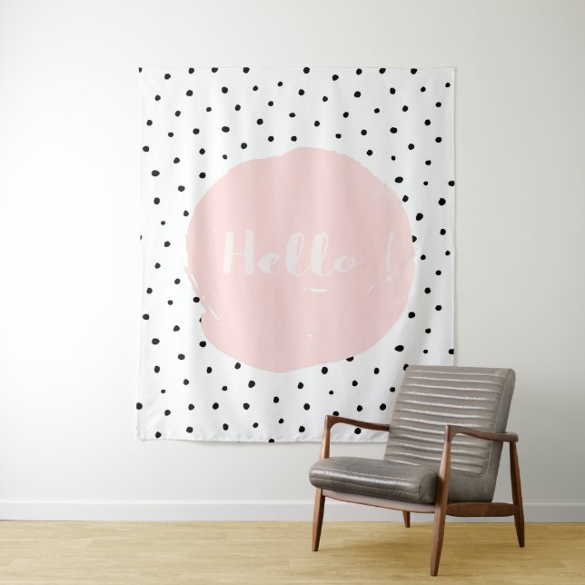 Pink Hello Typography Polka Dot Dots Dance Tapestry (In Situ)