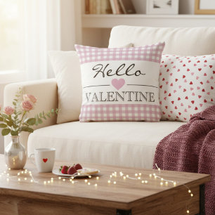 Pink Hello Valentine Plaid Gingham Throw Pillow