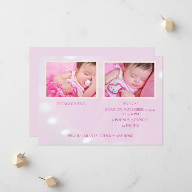 Pink Hello World Girl Birth Announcement (Front/Back In Situ)