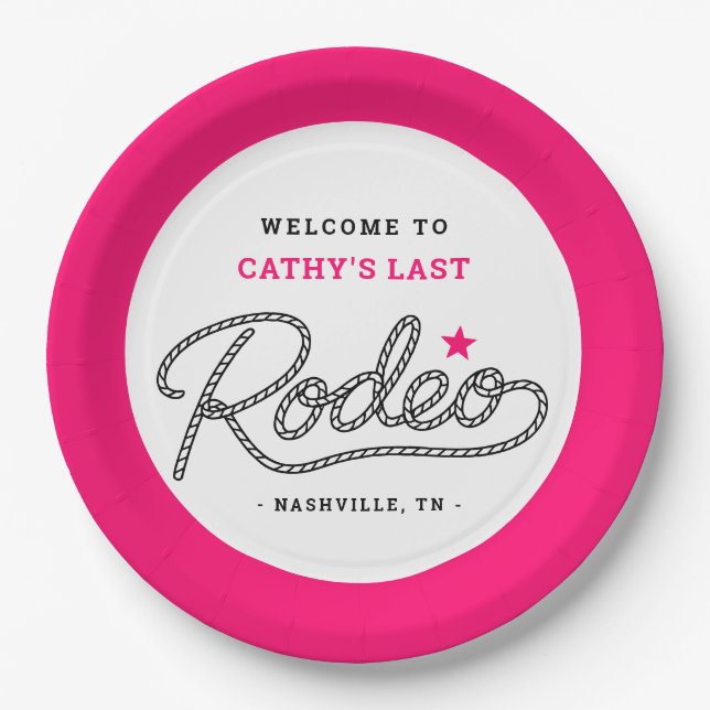 Pink Her Last Rodeo Bachelorette Party Paper Plate (Front)