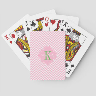 Pink Herringbone Green Monogram Playing Cards