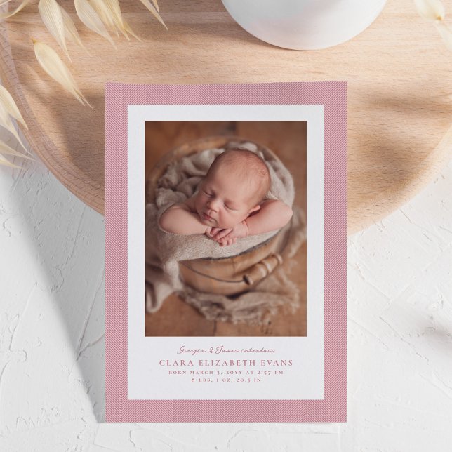 Pink herringbone tweed frame simple photo birth announcement (Creator Uploaded)