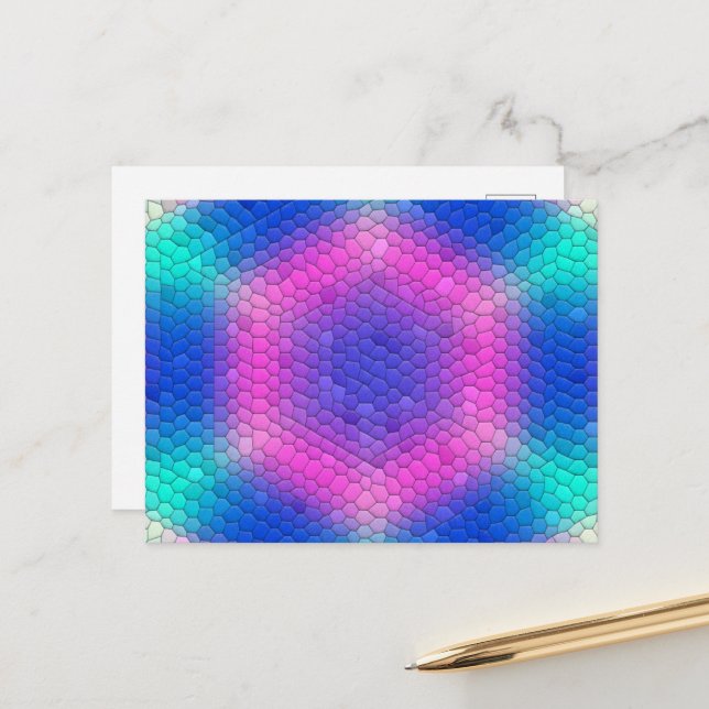 Pink Hexagon Mosaic on Blue Gradient Postcard (Front/Back In Situ)