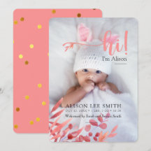 Pink "Hi" with leaves birth Announcement Card