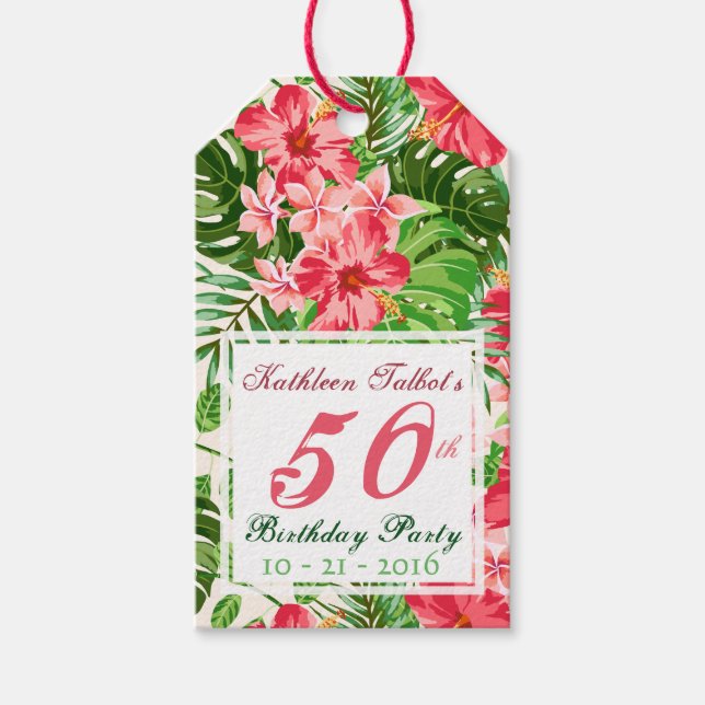 Pink Hibiscus 50th Birthday Party Gift Tag (Front)