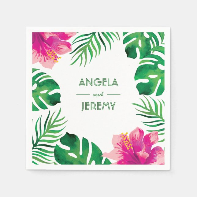 Pink Hibiscus and Tropical Leaves Wedding 2 Napkin (Front)