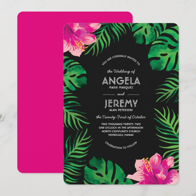 Pink Hibiscus and Tropical Leaves Wedding Invitation (Front/Back)