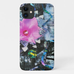 Pink Hibiscus Black and White Landscape Collage iPhone 11 Case