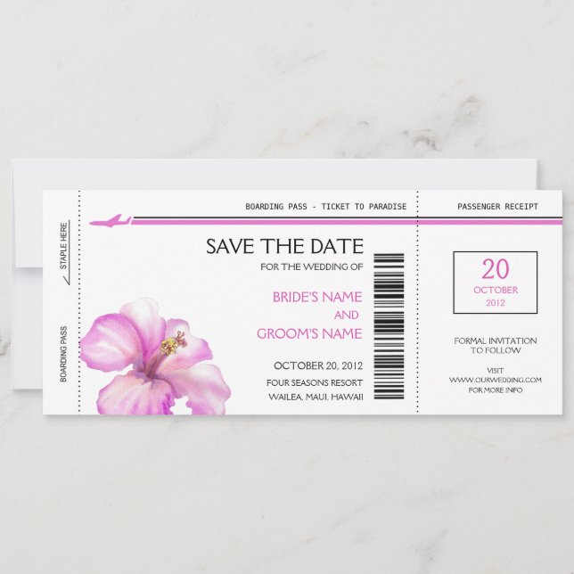 Pink Hibiscus Boarding Pass Save the Date Cards (Front)