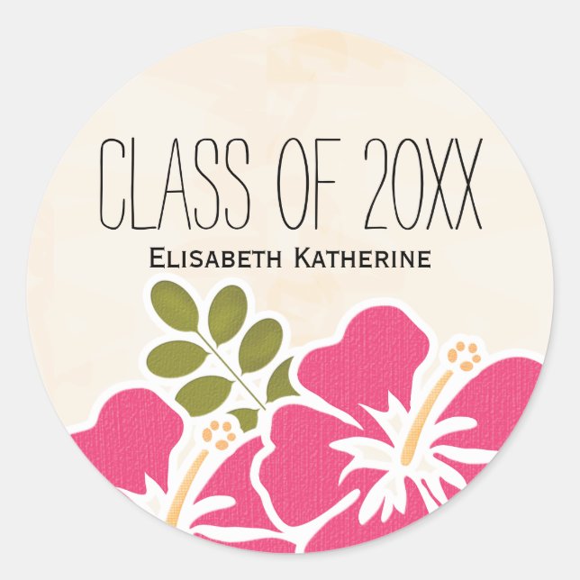 Pink Hibiscus Class of Hawaiian Graduation Party Classic Round Sticker (Front)