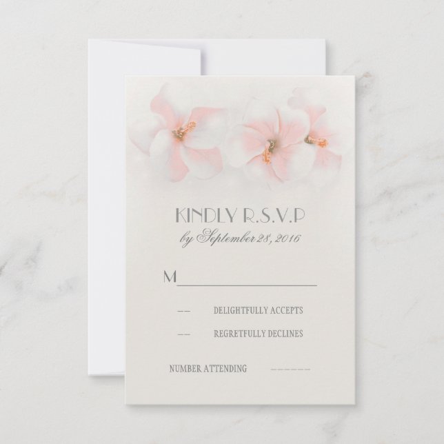 Pink hibiscus floral beach wedding RSVP cards (Front)