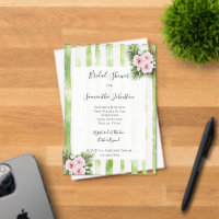 Pink Hibiscus Floral Green Stripes Bridal Shower
