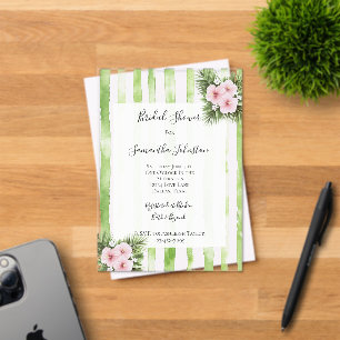 Pink Hibiscus Floral Green Stripes Bridal Shower Acrylic Invitations