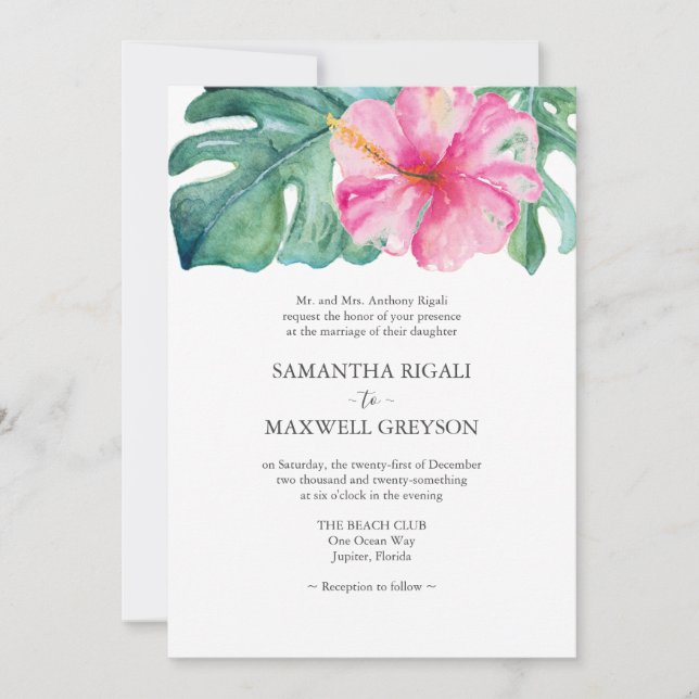 Pink Hibiscus Flow Monstera Leaf Formal Wedding Invitation (Front)