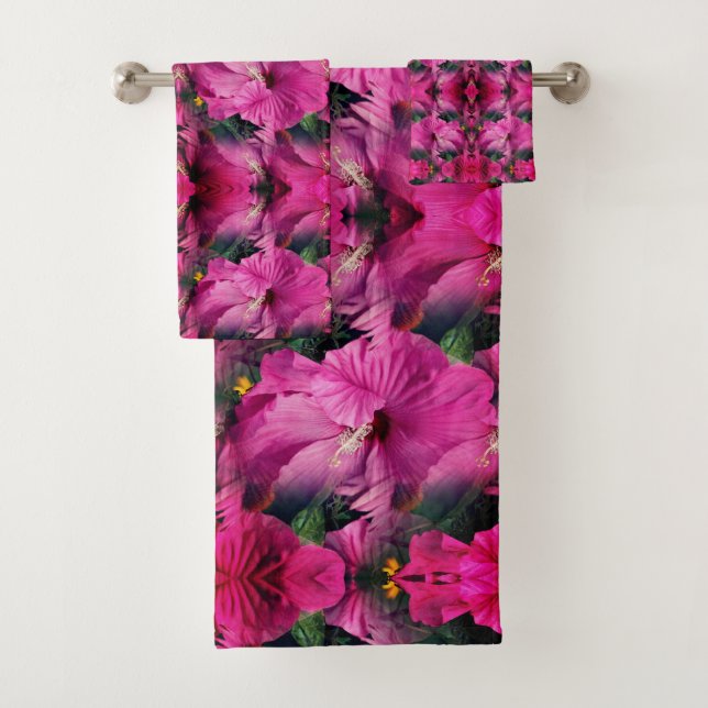 Pink Hibiscus Flower Abstract  Bath Towel Set (Insitu)
