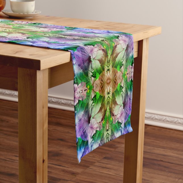 Pink Hibiscus Flower Abstract Distressed Short Table Runner (In Situ)