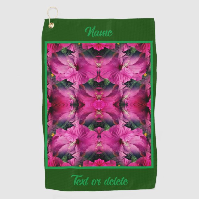 Pink Hibiscus Flower Abstract Personalized Golf Towel (Front)