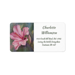 Pink Hibiscus Flower in Watercolor Address Label