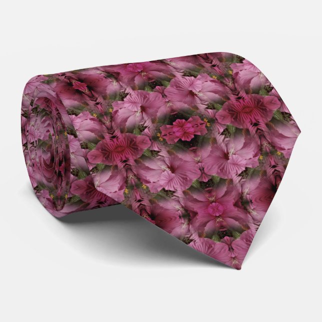 Pink Hibiscus Flower Multiplied Vintage Abstract Tie (Rolled)