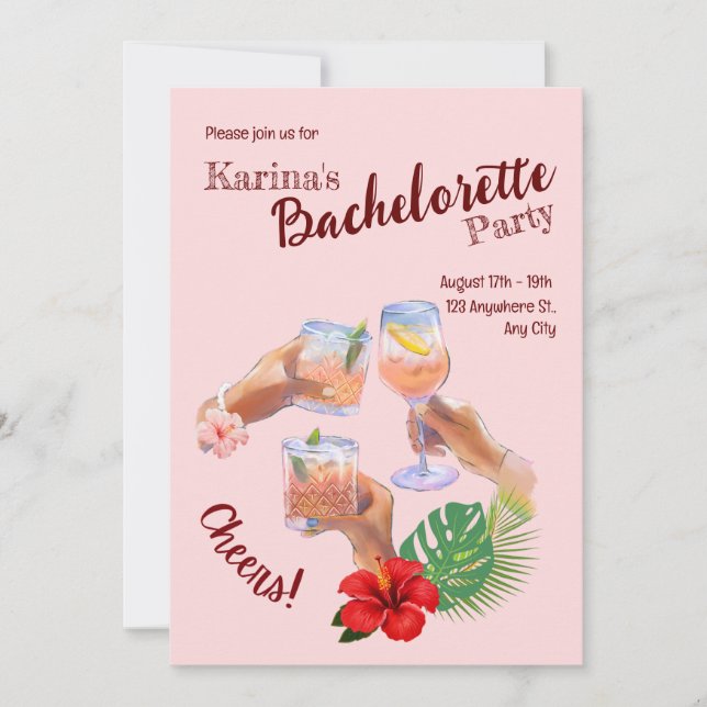 Pink Hibiscus Flower Palm Leaves Beach Party Invitation (Front)