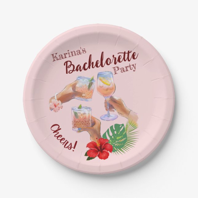 Pink Hibiscus Flower Palm Leaves Beach Party Paper Plate (Front)