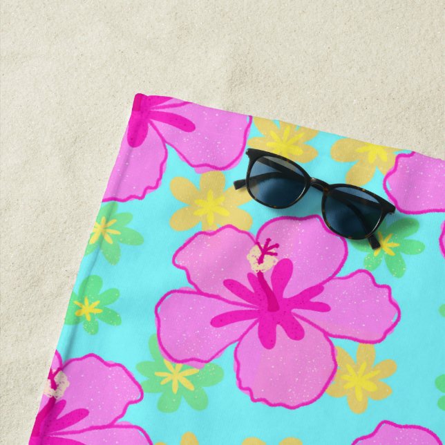 Pink Hibiscus Flower Pattern Beach Towel (In Situ)